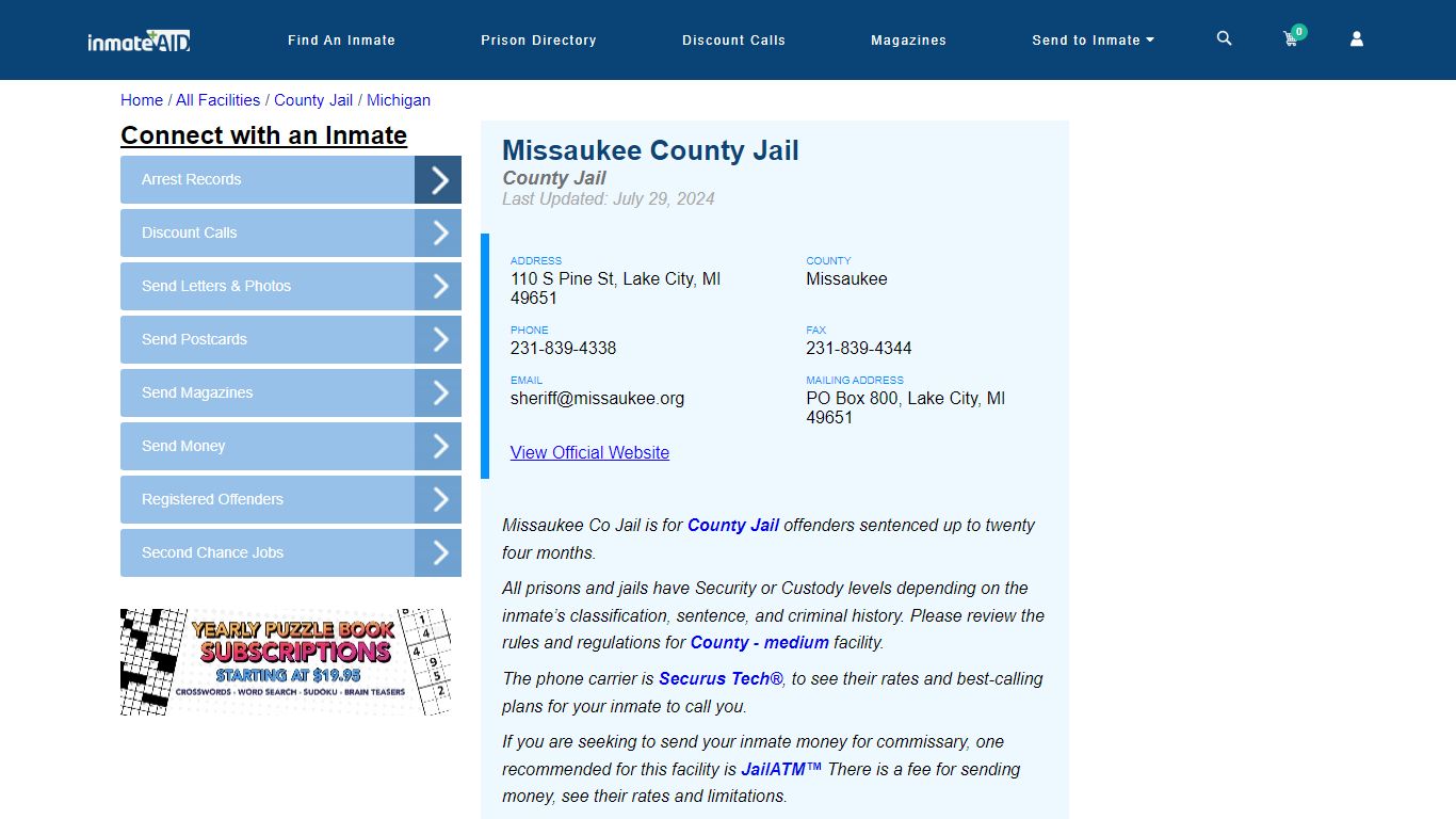 Missaukee County Jail - Inmate Locator